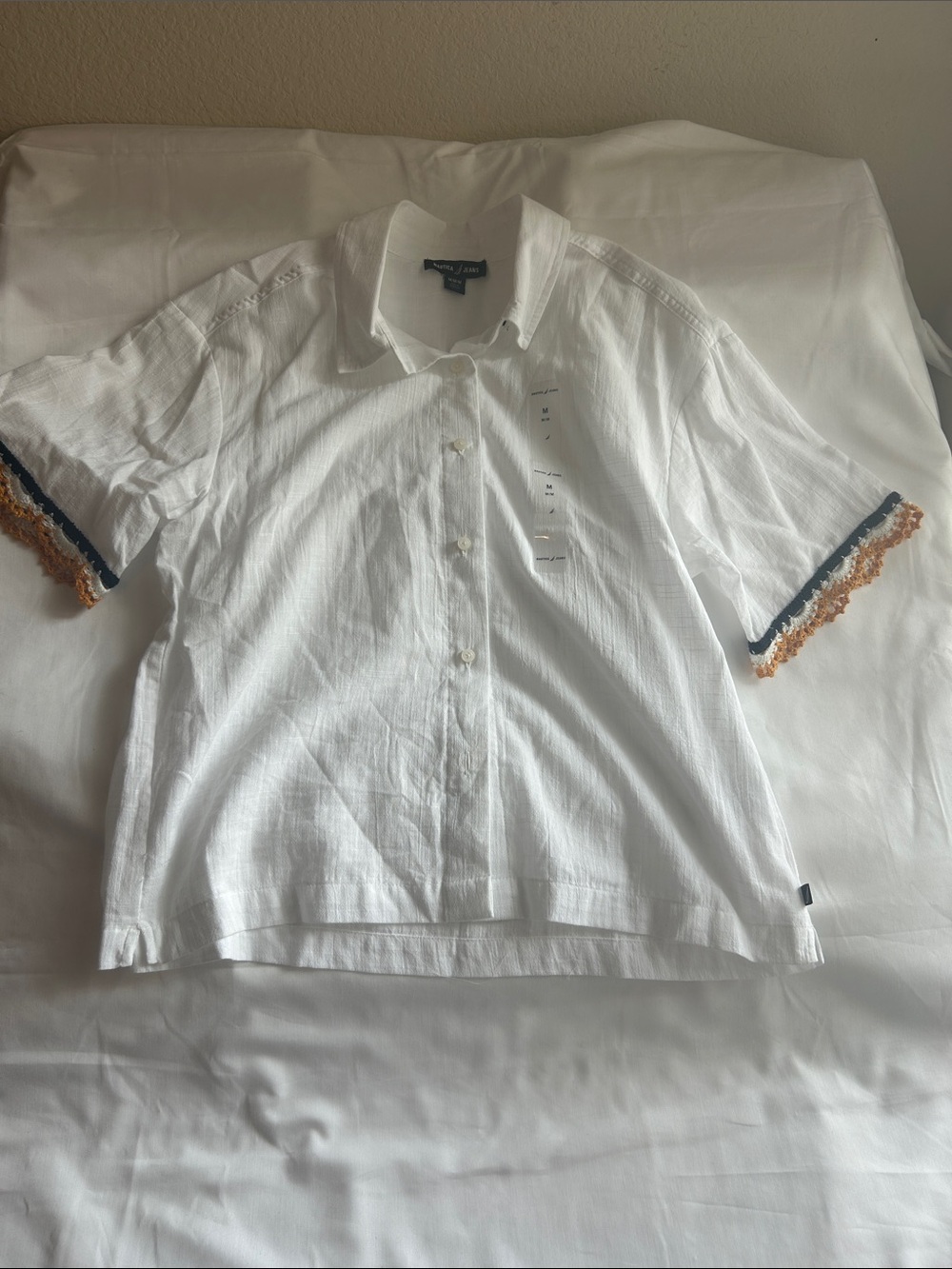 Nautica White Short-Sleeve Button-Down Shirt with Navy and Tan Trim